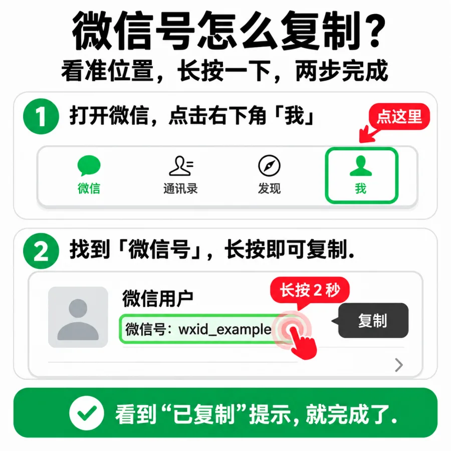 微信个人资料页中微信号位置示例：复制微信号，不要填写昵称